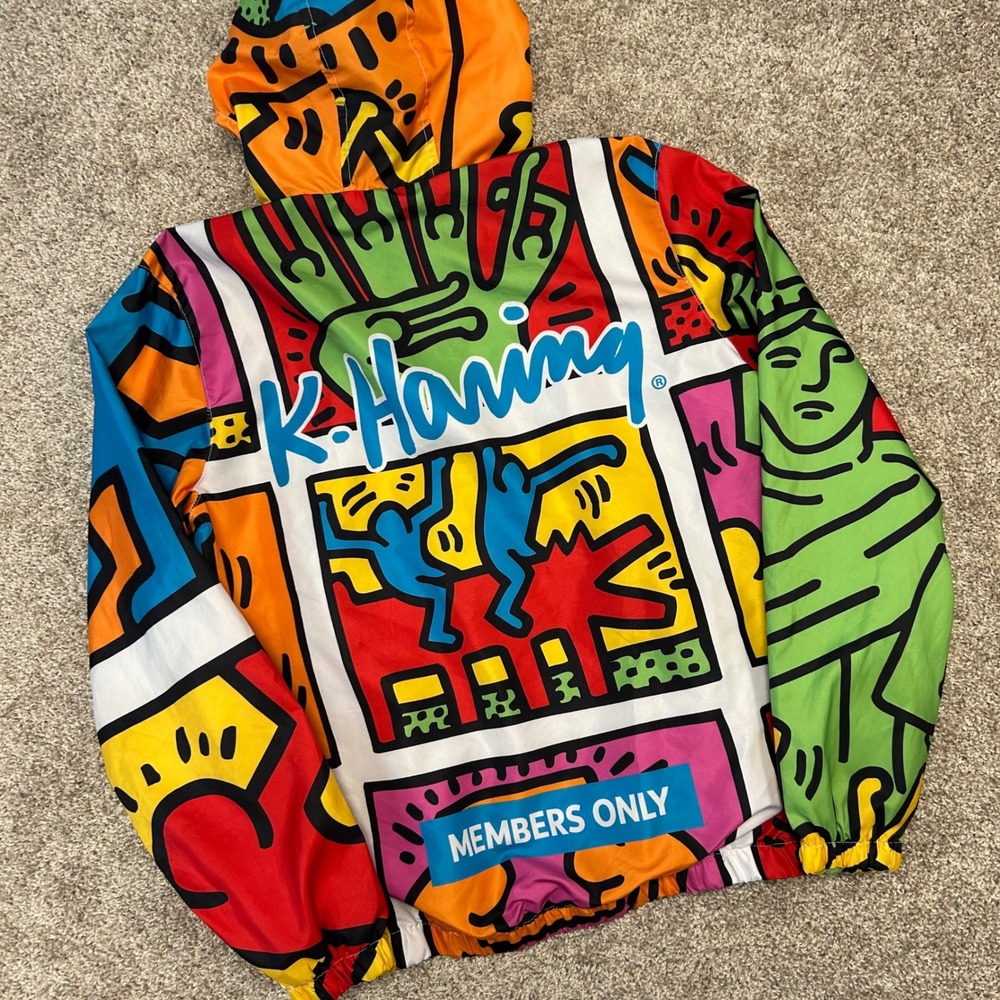 Members Only Jacket Mens Medium Keith Haring Doodle Pop Art Artist Pullover
